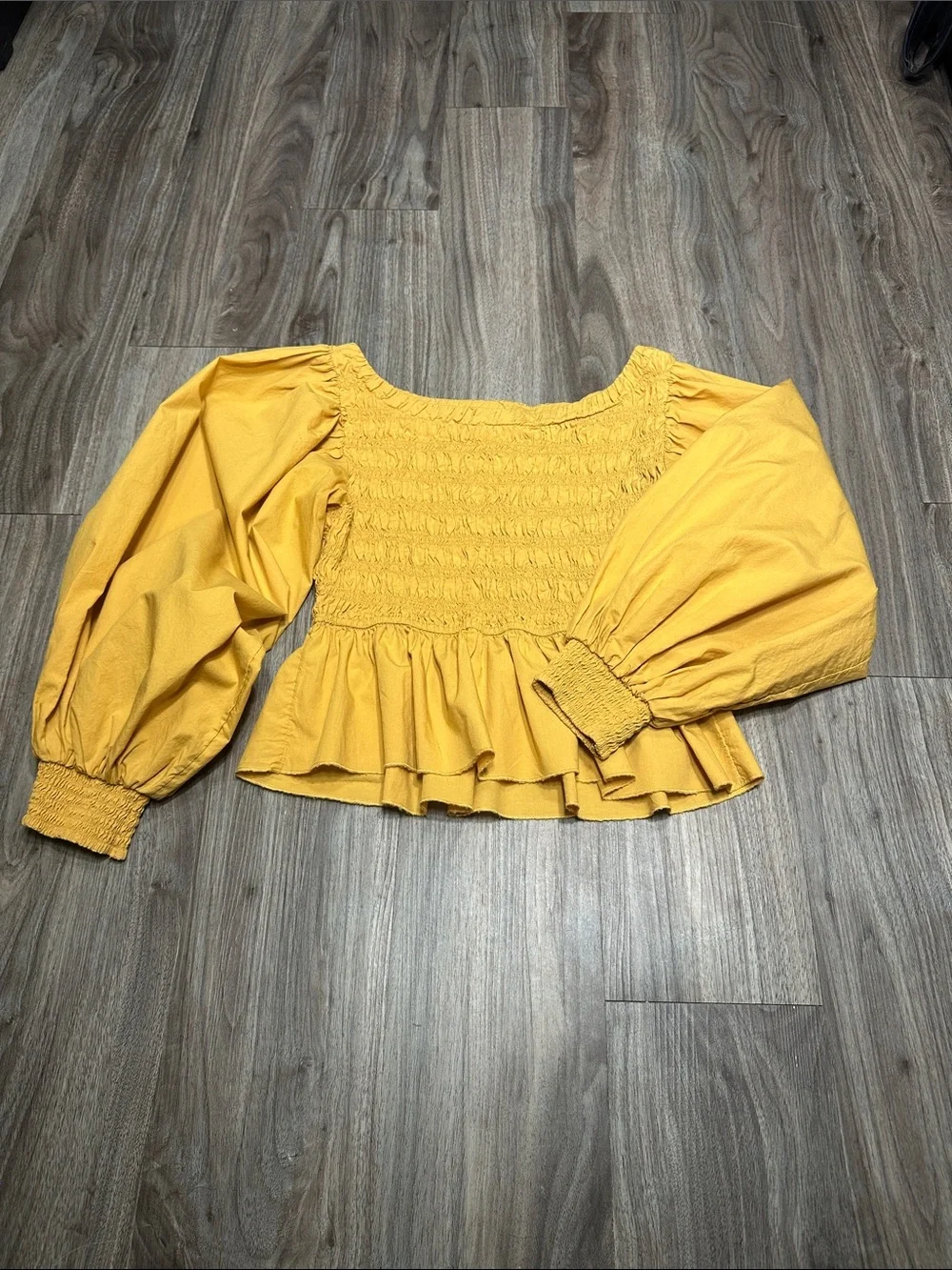 Free People mustard Yellow Smocked Peplum Blouse.